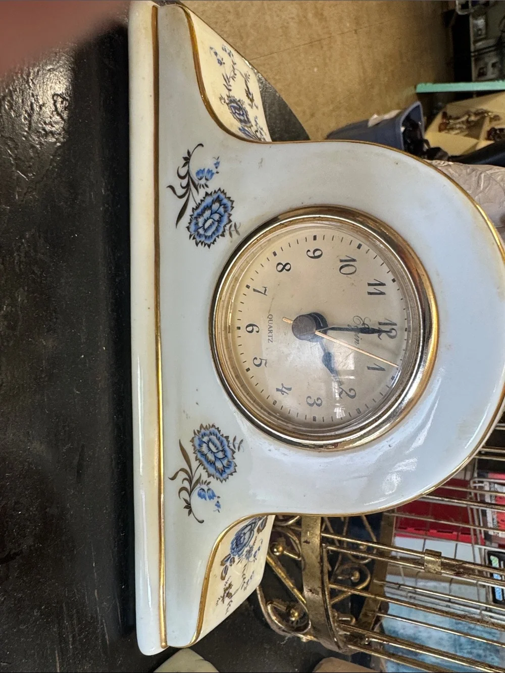 Blue Floral Porcelain Mantel Clock - White & Gold Accent